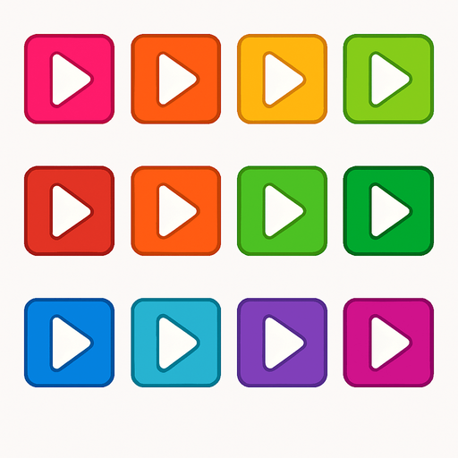 a sprite sheet for a 2D illustration of colored square buttons containing a minimalistic triangle arrow inside them, for a rythm based musical casual mobile game.
In-Game asset.  2d.  High contrast.  No shadows