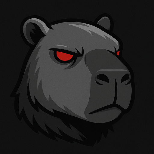 Quitale el casco y la resortera. Utiliza una paleta de colores grises. Has una expresion seria. Ojos rojos sin pupila. Utiliza los rasgos y formas de un capibara.