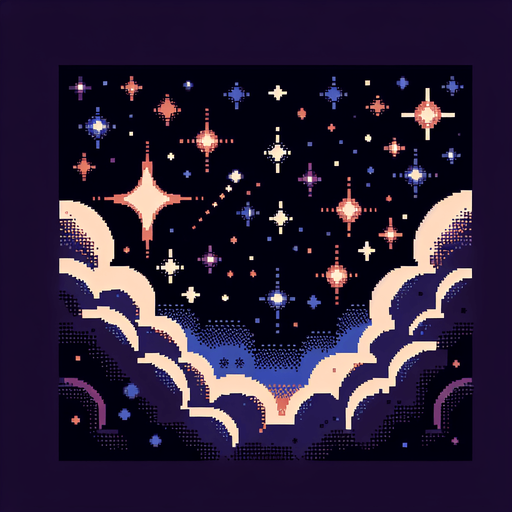 Dark night sky. Dim stars. DMT psychedelic.
Single Game Texture. In-Game asset. 2d. Blank background. High contrast. No shadows. 8 bit