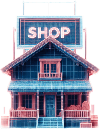 House from the front facing the screen with big sign above it have description "SHOP", Hd colors