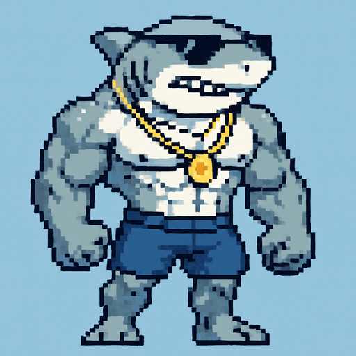 Tiburón furry fuerte sin camisa y con shorts, que en la cara lleve unas gafas de sol, que lleve colgantes y que sea pixeleado que se vea todo su cuerpo 
In-Game asset.  2d.  High contrast.  No shadows