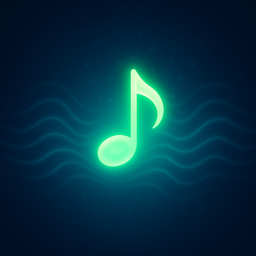 A single glowing green melody symbol in the center, surrounded by soft blue light, abstract sound waves gently radiating outward, dreamy and minimalistic background, magical atmosphere, high contrast lighting, perfect for a music-themed game, 4K, highly detailed.
In-Game asset.  2d.  High contrast.  No shadows
