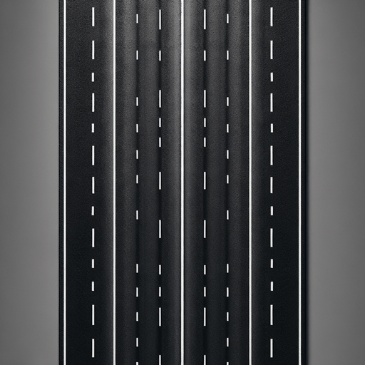 1. **Description Précise** : Je souhaite une représentation d'une route composée uniquement de l'asphalte, sans les éléments habituels qui délimitent les côtés de la route, tels que les trottoirs, les bordures, ou les lignes de démarcation latérales.

2. **Couleur et Texture** : Je souhaite que cette route soit de couleur noire. La texture est celle du goudron.

3. **Éléments de la Route** : Il n'y a pas de panneaux, juste un marquage centrale réglementaire blanc de délimitation entre le cote droit et le cote gauche. Il y a aussi 
 les marquages latéraux composés d'une ligne continue blanche réglementaire.

4. **Perspective et Dimension** : Je souhaite une vue de dessus, pas de perspective en 3D, ni de  vue en angle. Le sens est vertical, c'est à dire qu'on parcours la route en partant du haut vers le bas de l'écran. La largeur est quatre fois moins grande que la hauteur. La largeur de la route en haute l'écran est la même que la largeur en bas de l'écran.

5. **Contexte et Environnement** : il s'agit d'une route de campagne seule. On la regarde d'en haut et on ne voit que la route. L'image de la route commence et fini au bord de la route sur les quatre cotes..
Single Game Texture. In-Game asset. 2d. Blank background. High contrast. No shadows.
