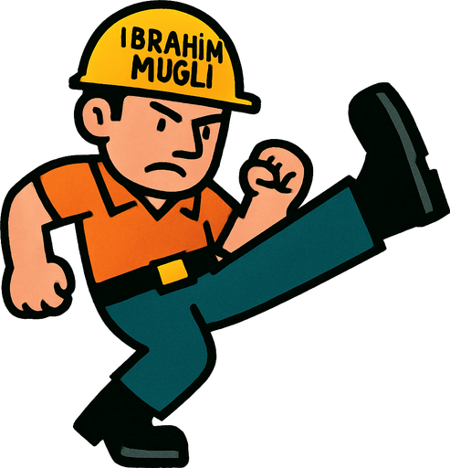 Üstünde ibrahim muğli yazan baretli işçi tekme atarken.
In-Game asset.  2d.  High contrast.  No shadows