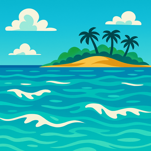 The tropical ocean with the shore of an island in the far background easily looping itself.
In-Game asset.  2d.  High contrast.  No shadows