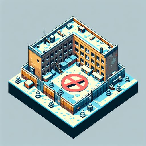 overhead view of drab house with giant prohibition symbol snowy lawn video game asset 2d blank background Single Game Texture. In-Game asset. 2d. Blank background. High contrast. No shadows.