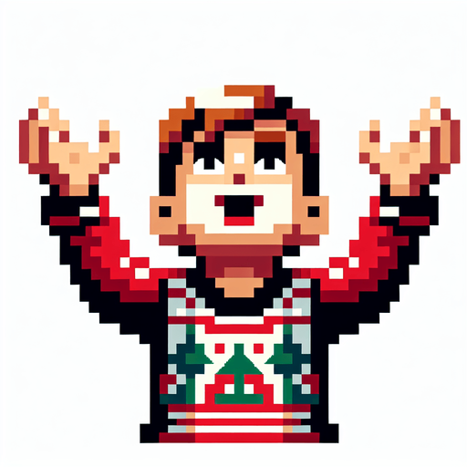 excited kid seen from the front, holding both of his hands extended upwards expecting to catch.looking upward. dressed for Christmas. Single Game Texture. In-Game asset. 2d. Blank background. High contrast. No shadows. pixelated. 8 bit