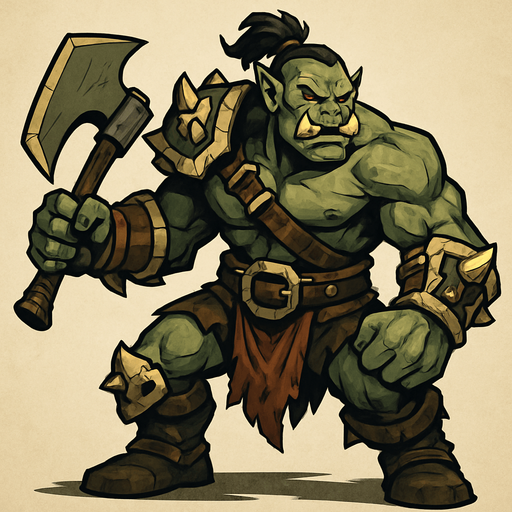 A full-body stylized illustration of an orc warrior, standing in a dynamic pose. The orc has green or grayish skin, muscular build, tusks, and tribal armor made of bone, leather, and metal. The style is fantasy-themed with bold lines, exaggerated proportions, and detailed textures. The lighting is dramatic, emphasizing the orc’s strength and menace. Background is minimal or softly blurred to keep focus on the character. Suitable for fantasy RPG game concept art..
In-Game asset.  2d.  High contrast.  No shadows