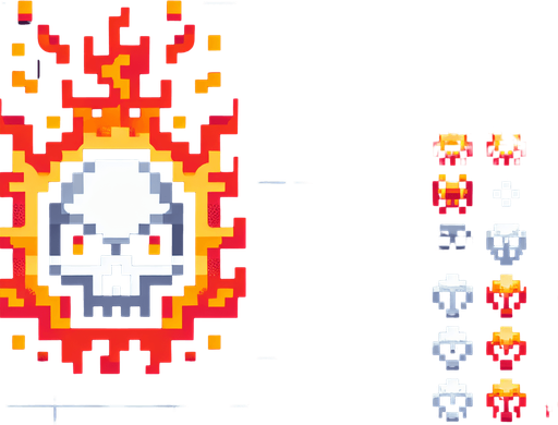 fireskull button. pixelart..
Single Game Texture. In-Game asset. 2d. Blank background. High contrast. No shadows.