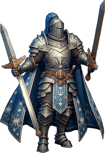 Heroic wizard knight wearing knight armor with a star pattern and wielding a sword..
Single Game Texture. In-Game asset. 2d. Blank background. High contrast. No shadows.