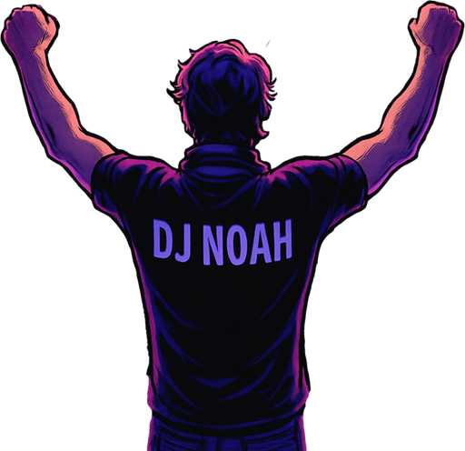 A realistic comic book style illustration, 2048x2048. From behind, DJ Noah stands on stage with arms raised, facing a cheering crowd. Neon lights in purples and blues flood the club. Spotlights, smoke, and a dynamic atmosphere. Add a semi-transparent narrator box in the top-left corner with the text: "He once lit up the night with sound..." in elegant comic book font..
In-Game asset.  2d.  High contrast.  No shadows