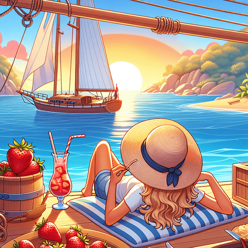 An idyllic llustration of a beach cove where a blond girl in a straw hat is enjoying an large strawberry drink on the deck of her sailing boat as the sun sets. Clean game illustration style..
Single Game Texture. In-Game asset. 2d. Blank background. High contrast. No shadows.