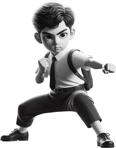 A school kid ready to punch.
Single Game Texture.  In-Game asset.  2d.  Blank background.  High contrast.  No shadows