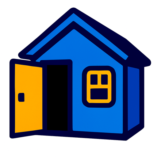 blue house, open door looking left.
In-Game asset.  2d.  High contrast.  No shadows