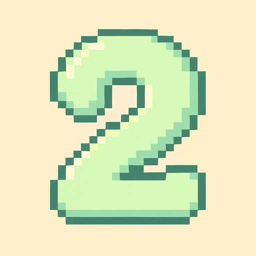 A pixel art number "2" designed for a cozy, cute retro 2D game UI with a bird theme. The number is rendered in soft pastel light green tones to harmonize with the gentle and sweet aesthetic of the game. It has a clean, simple, and rounded pixel style with no harsh edges, fitting perfectly within the pixel art UI style. The number is bold and easily readable at small sizes..
In-Game asset.  2d.  High contrast.  No shadows. pixel art. retro. 2d ui. number. pastel light green. simple. rounded edges. bold. cute. minimal