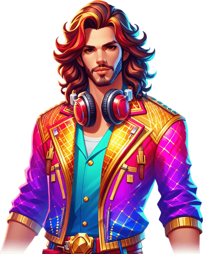Dj alok character from free fire.
Single Game Texture. In-Game asset. 2d. Blank background. High contrast. No shadows.