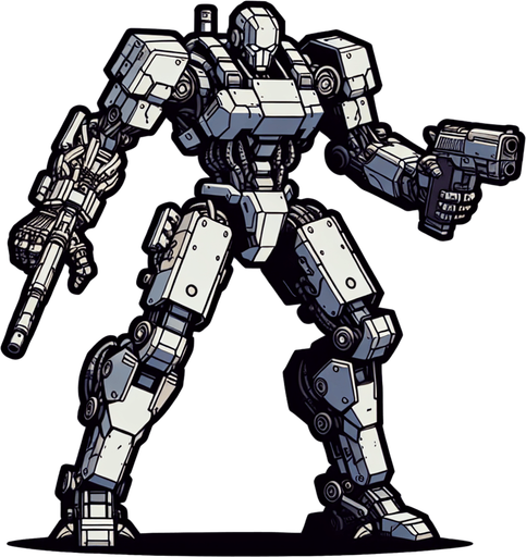 a gray transformer with a gun as one of his hands.
Single Game Texture.  In-Game asset.  2d.  Blank background.  High contrast.  No shadows