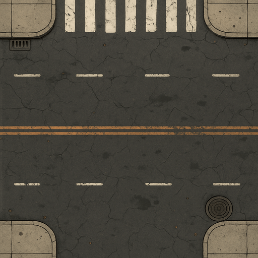 A highly detailed 2D top-down view of an urban asphalt road with multiple lanes, crosswalks, lane markings, realistic cracks, manholes, faded paint, and small debris like leaves or pebbles. Include sidewalks with curbs, drainage grates, and subtle oil stains. The scene should reflect a realistic city environment, with attention to texture and lighting for depth. The illustration style should be clean yet rich in detail, combining technical drawing precision with artistic shading.
In-Game asset.  2d.  High contrast.  No shadows