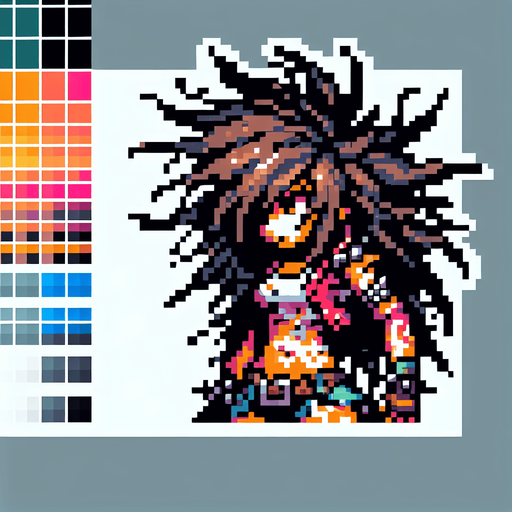8 bit girl with wild hair holding up a  big bucket above her head to catch water, punk rock, main character.
Single Game Texture. In-Game asset. 2d. Blank background. High contrast. No shadows.