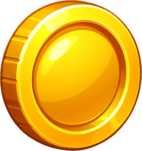 Create a shiny golden coin (token) asset for a game. The coin should have a polished, reflective surface with subtle engravings or ridges around the edge. It should look 3D with soft highlights and shadows to give depth. The size should be suitable as a collectible power-up floating slightly above the ground. Style should be clean and vibrant, fitting a modern arcade or action game..
In-Game asset.  2d.  High contrast.  No shadows