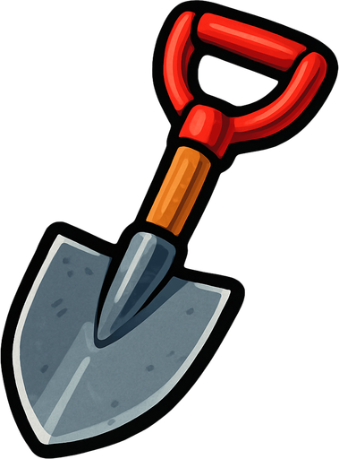 pequeña pala de acero, con mango de madera y un agarre de color rojo.
In-Game asset.  2d.  High contrast.  No shadows