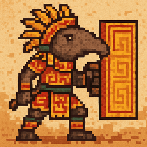 Generame un guerrero azteca con patrones, estilo pixelar, además será un animal Tapir, con efectos de tierra, cargando un gran escudo o muro..
In-Game asset.  2d.  High contrast.  No shadows