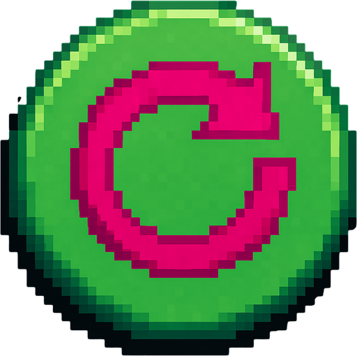 A green circular button featuring a fuchsia-colored refresh icon, designed in Pixel Art style.