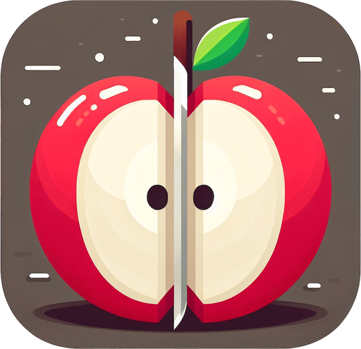 apple fruit is cut into two halves with a slight separation to match the style of Fruit Ninja.
Single Game Texture.  In-Game asset.  2d.  Blank background.  High contrast.  No shadows