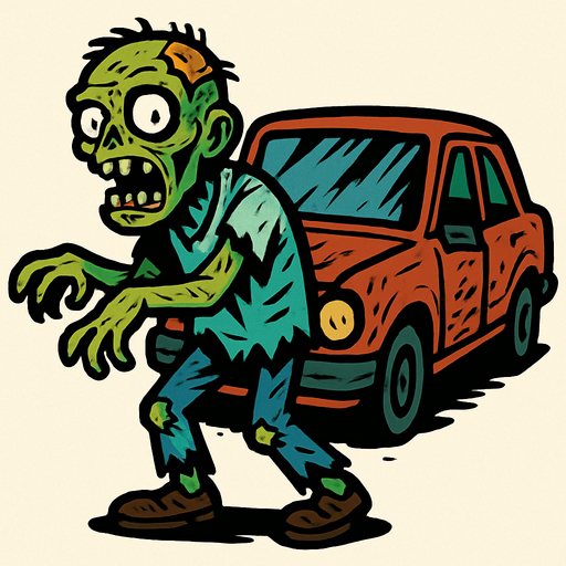 Crea un zombie con un coche.
In-Game asset.  2d.  High contrast.  No shadows