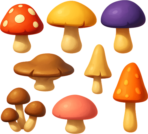 Pack of different mushrooms, 3D mushrooms, without black lines around it!
In-Game asset.  High contrast.  No shadows. 3D