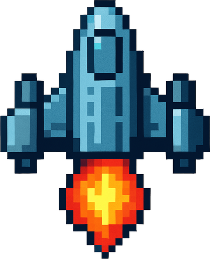 Пиксельный корабль сверху с нарисованным огнем спереди вид сверху.
In-Game asset.  2d.  High contrast.  No shadows