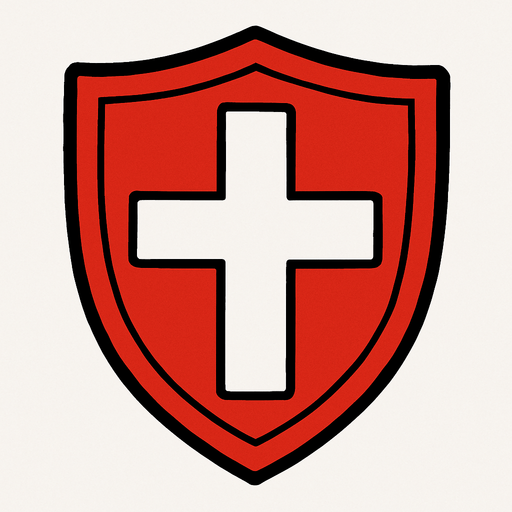a red shield with a white cross on it.
In-Game asset.  2d.  High contrast.  No shadows