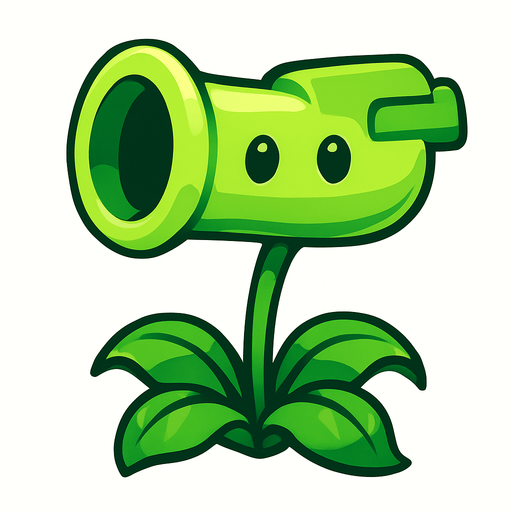 una planta de color verde brillante con forma de pistola vegetal: su “cañón” cilíndrico, ligeramente más ancho en la boca, luce un tono verde claro con un suave degradado y un brillo que le da volumen. Sus ojos son dos círculos lisos y oscuros, casi sin pupila, que le aportan un aire simpático y sencillo. El cuerpo descansa sobre un tallo delgado y flexible, sostenido por cuatro hojas arqueadas y onduladas en la base, de un verde más intenso, que sirven de “pies” y refuerzan su aparienciauna planta de color verde brillante con forma de pistola vegetal: su “cañón” cilíndrico, ligeramente más ancho en la boca, luce un tono verde claro con un suave degradado y un brillo que le da volumen. Sus ojos son dos círculos lisos y oscuros, casi sin pupila, que le aportan un aire simpático y sencillo. El cuerpo descansa sobre un tallo delgado y flexible, sostenido por cuatro hojas arqueadas y onduladas en la base, de un verde más intenso, que sirven de “pies” y refuerzan su apariencia.
In-Game asset.  High contrast.  No shadows