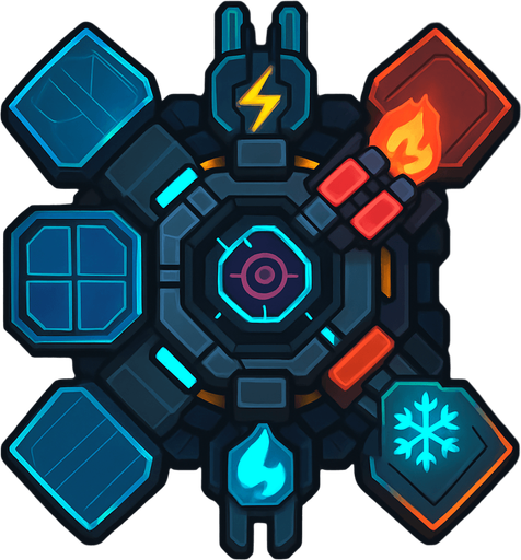 top-down view, transformable virus defense tower, modular energy panels, electric fire ice modes, adaptive cyber node design, neon highlights.
In-Game asset.  2d.  High contrast.  No shadows