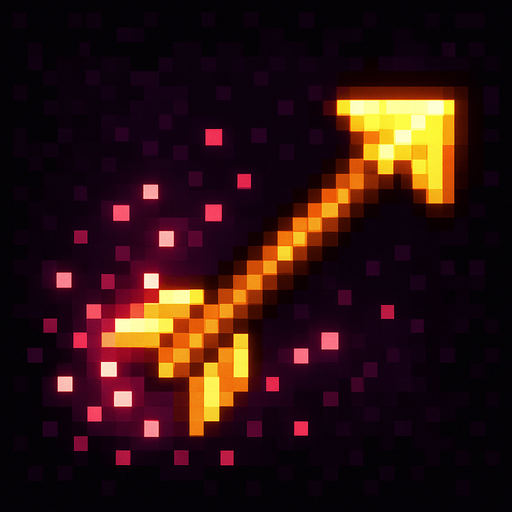 An icon of a glowing wooden arrow from a bow trailing pink particles. Pixel art..
In-Game asset.  2d.  High contrast.  No shadows