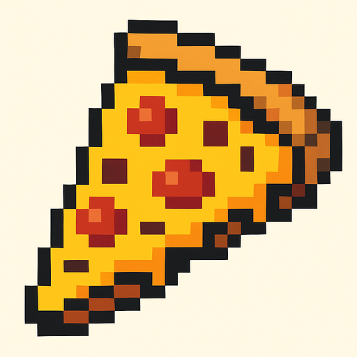 Pixilated pizza.
In-Game asset.  2d.  High contrast.  No shadows