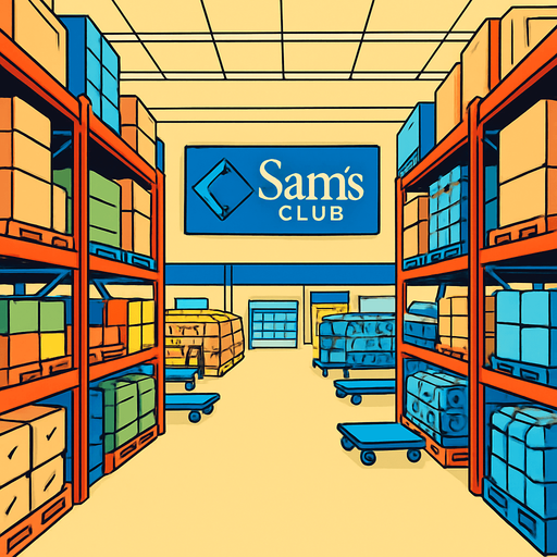 Los pasillos de sams club vistos desde dentro hacia el centro del establecimiento. 2d ANIMADO.
In-Game asset.  2d.  High contrast.  No shadows