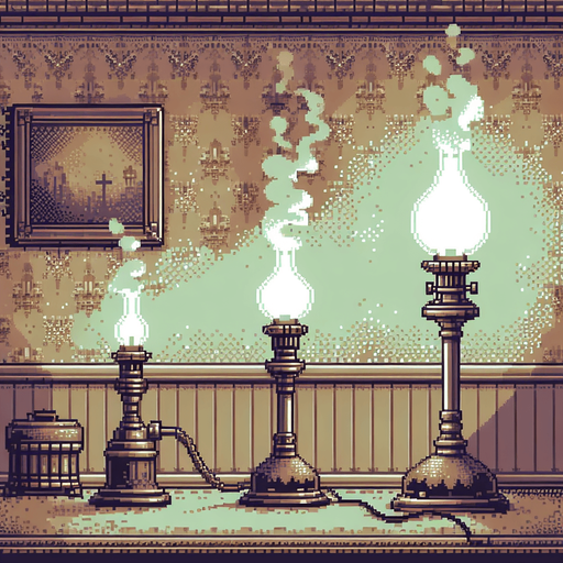 The wallpaper of a Victorian home. Muted pattern, old and vintage, Edwardian style pixel art. Pixel art gas lamps in a dark room.
Single Game Texture. In-Game asset. 2d. Blank background. High contrast. No shadows.