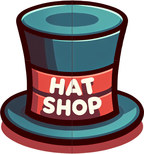 A SVG that says “Hat Shop” on top of a top hat.
Single Game Texture.  In-Game asset.  2d.  Blank background.  High contrast.  No shadows