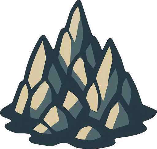 2D game asset, vector style, high contrast, flat colors, no shadows, a rocky outcrop or reef formation with multiple jagged peaks, suitable for a top-down game perspective, transparent background, PNG format..
In-Game asset.  2d.  High contrast.  No shadows