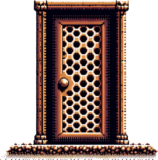 8 bit image 2d brown classic old door with beehive pattern.
Single Game Texture.  In-Game asset.  2d.  Blank background.  High contrast.  No shadows