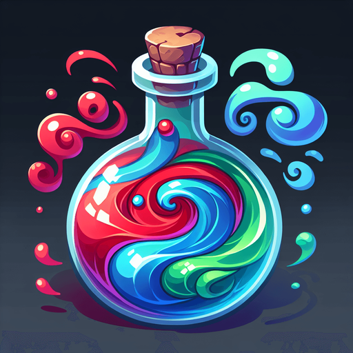 A potion bottle or flask swirling with multiple distinct colors (red, blue, green)..
Single Game Texture.  In-Game asset.  2d.  Blank background.  High contrast.  No shadows