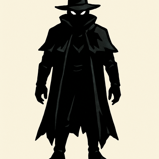 kılıçsız karanlık ve gizemli insansı bir kahraman şapkalı ve tüm vücudu görünüyor.
In-Game asset.  2d.  High contrast.  No shadows