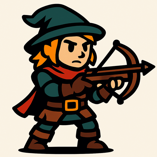 Create a game character with a crossbow in hand.
In-Game asset.  2d.  High contrast.  No shadows