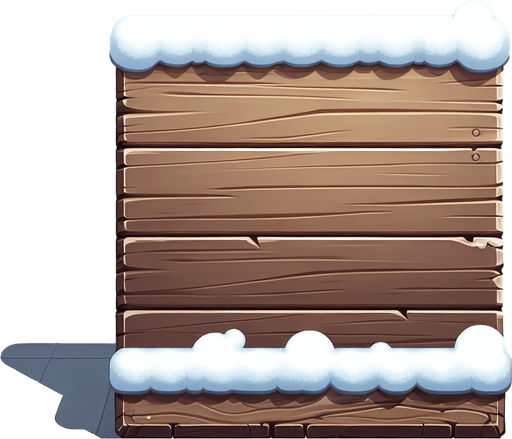 A wooden plan with snow on top edge. In game gui element. Flat front view. Single Game Texture. In-Game asset. 2d. Blank background. High contrast. No shadows.
