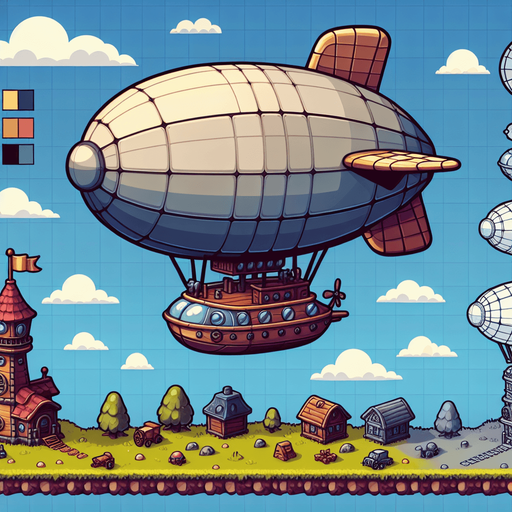 Дирижабль, мультяшный.
Single Game Texture.  In-Game asset.  2d.  Blank background.  High contrast.  No shadows