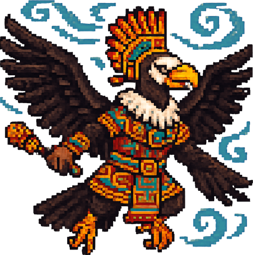 Generame un guerrero azteca con patrones, estilo pixelar, además será un Cóndor de los Andes, unidad voladora con alas, con efectos de viento.
In-Game asset.  2d.  High contrast.  No shadows