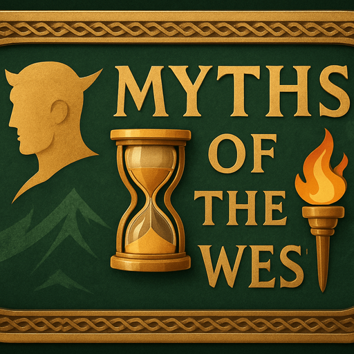 Kare ama köşeleri oval bir banner. LOTR tarzı. Yeşil ve altın sarısı ağırlıklı. İçinde "Myths of the West" yazıyor.