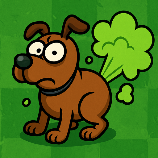 Cartoon dog doing a fart in plants vs zombies style artwork.
In-Game asset.  2d.  High contrast.  No shadows