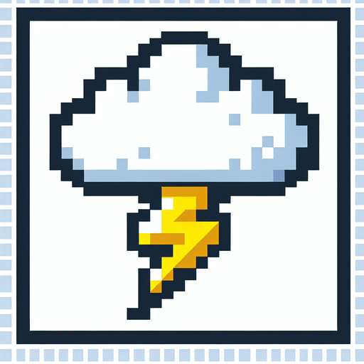 8-bit cloud with lightning. in game asset. white cloude. yellow lighning. Single Game Texture. In-Game asset. 2d. Blank background. High contrast. No shadows.